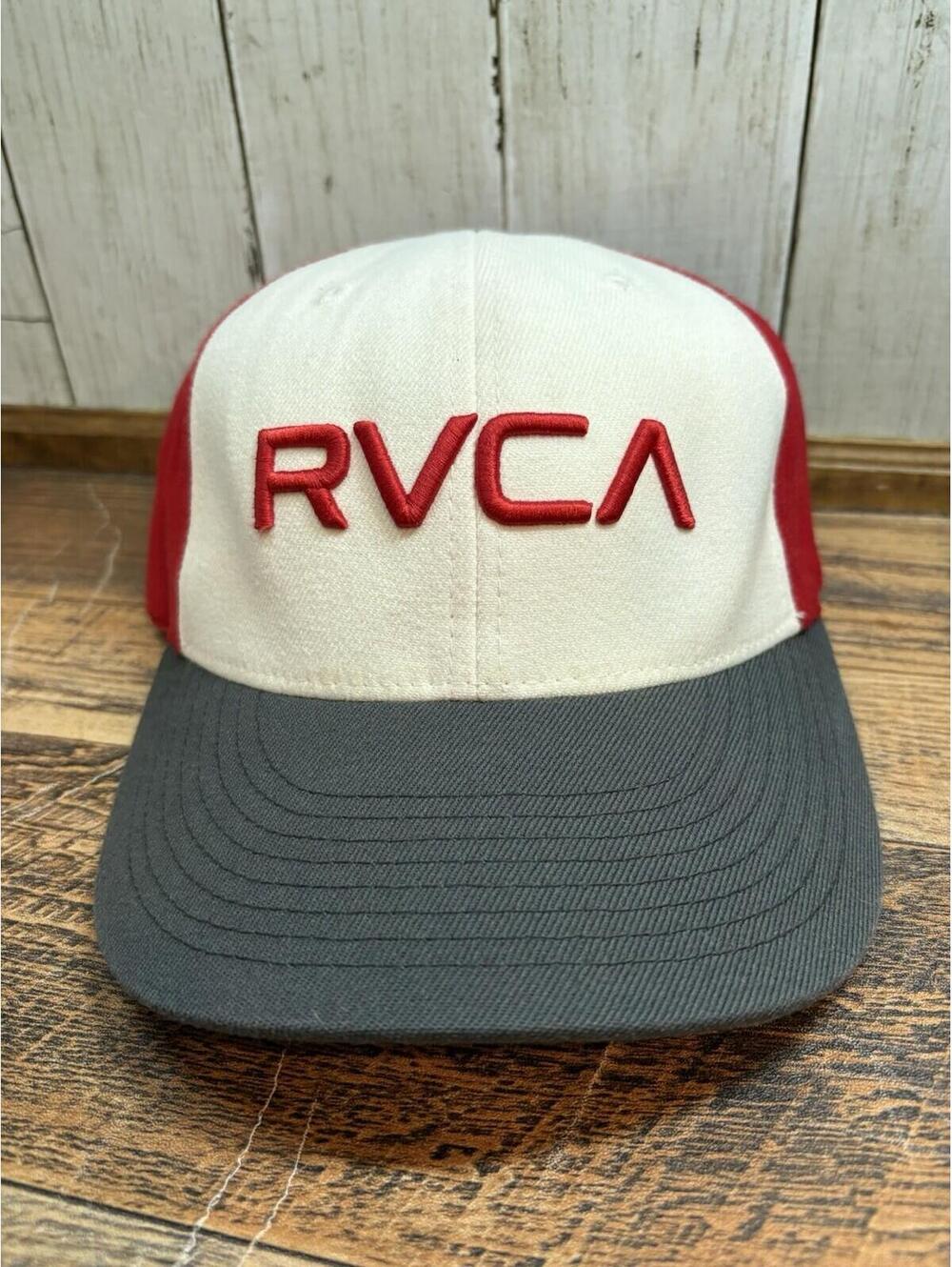 RVCA Flexfit Hat Red/White/Gray L/XL Fitted Cap Surf Skate Skater Acrylic/Wool